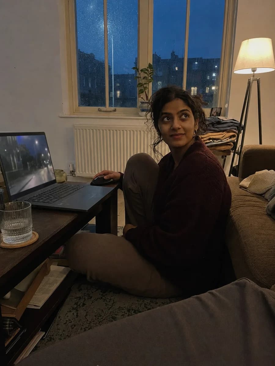 Illustrative learner practising hazard perception on a laptop at home