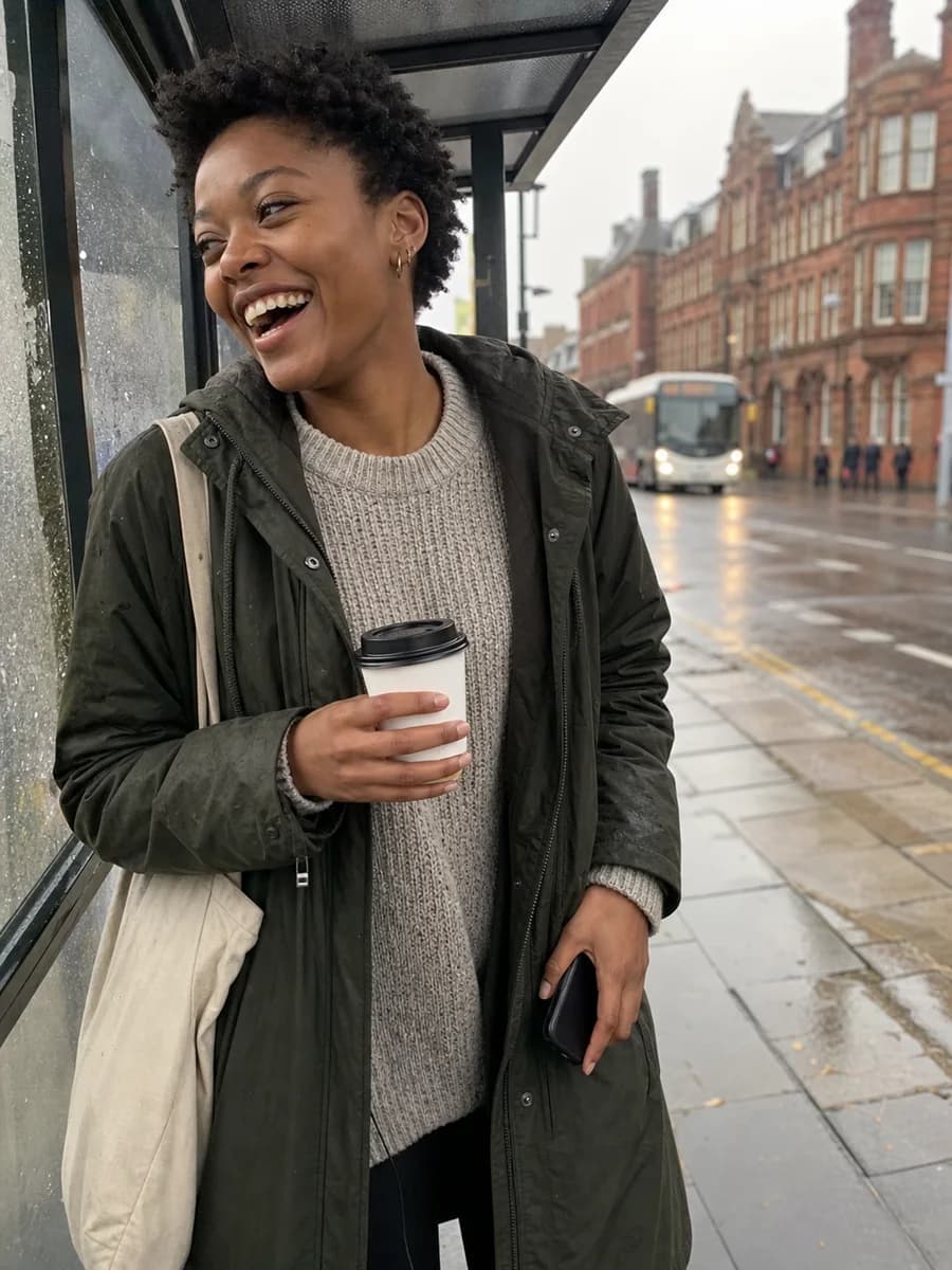 Illustrative learner waiting at a rainy Leeds bus stop