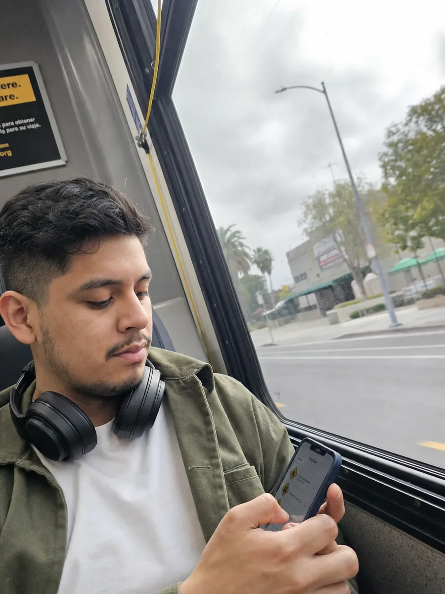 Illustrative learner using a permit-test practice app on a bus