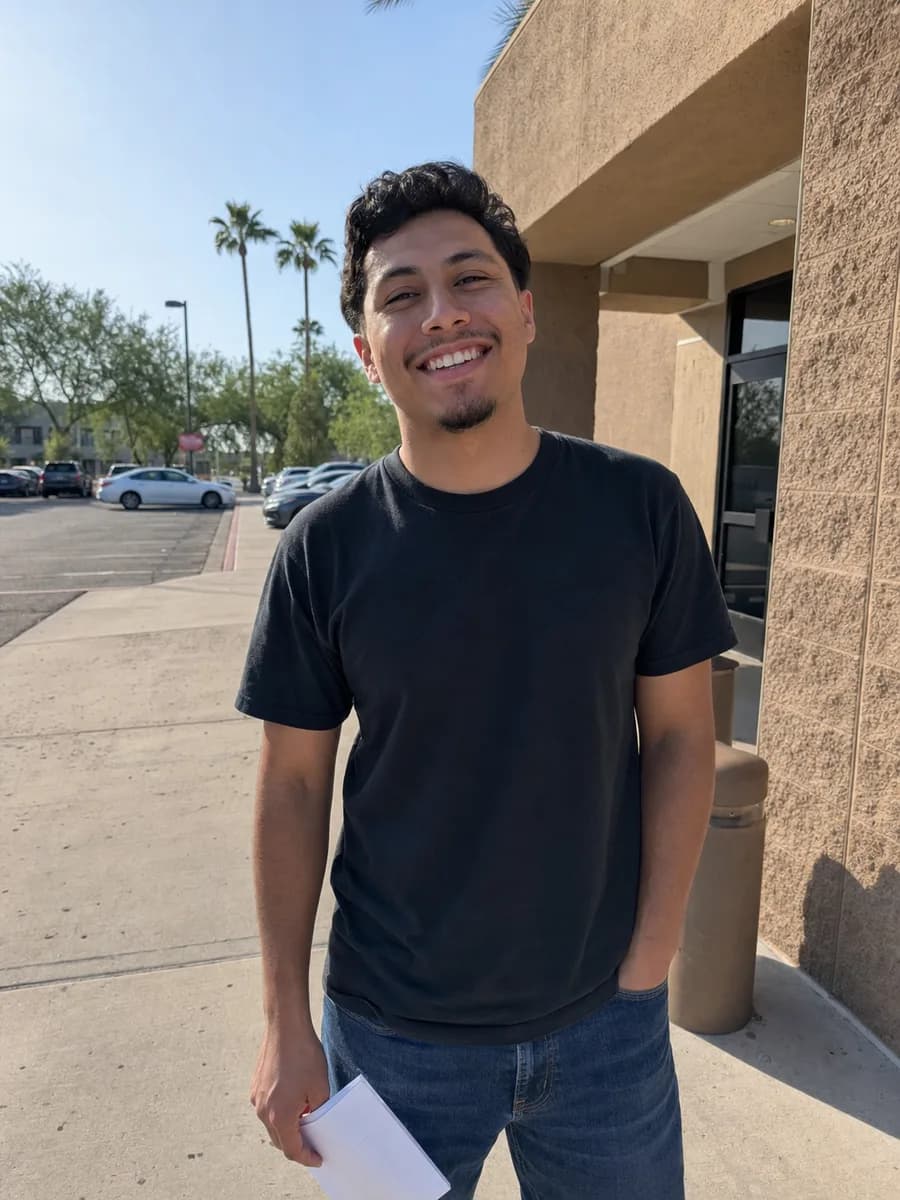 Illustrative learner standing outside a testing office in Phoenix