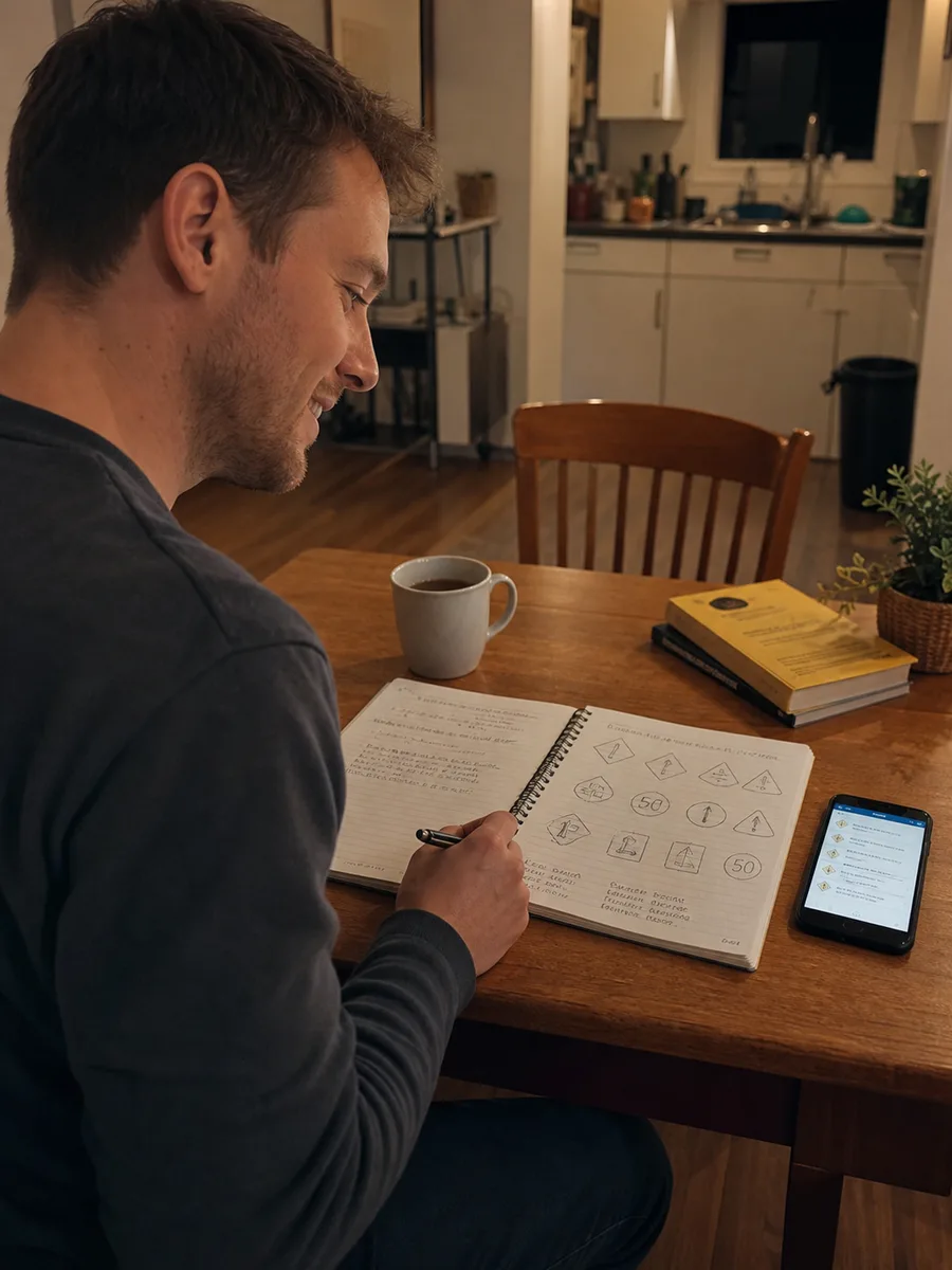 Illustrative learner studying road signs at a kitchen table