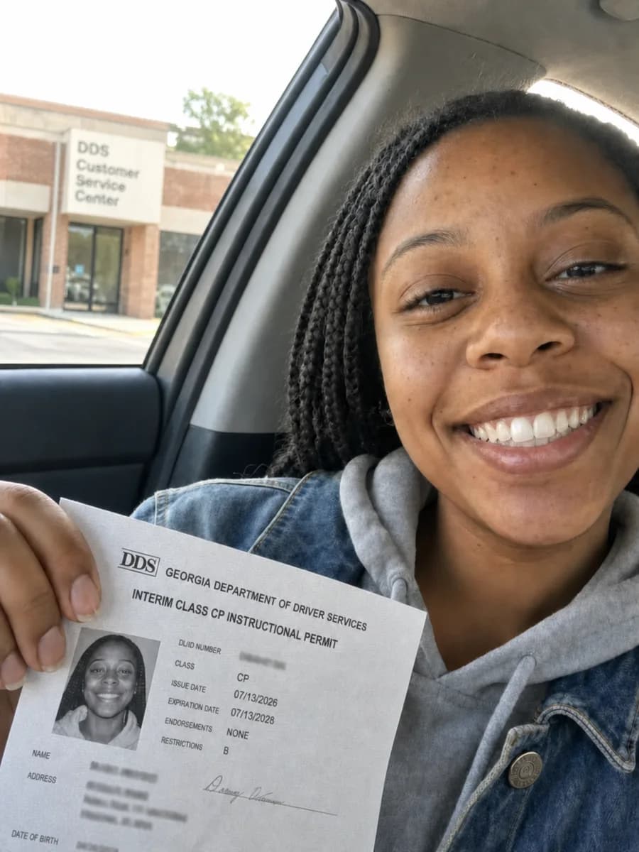 Illustrative learner holding a Georgia Class CP interim instructional permit in a parked car