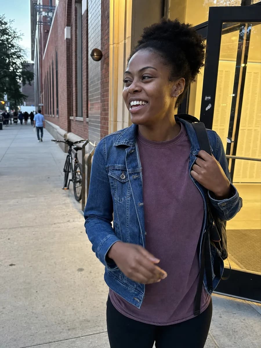 Illustrative learner leaving a Brooklyn library in the early evening