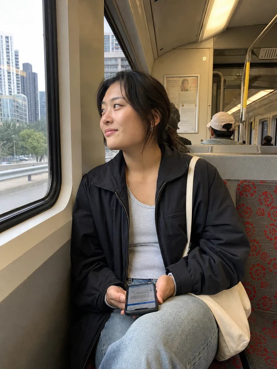 Illustrative learner sitting by the window on a commuter train
