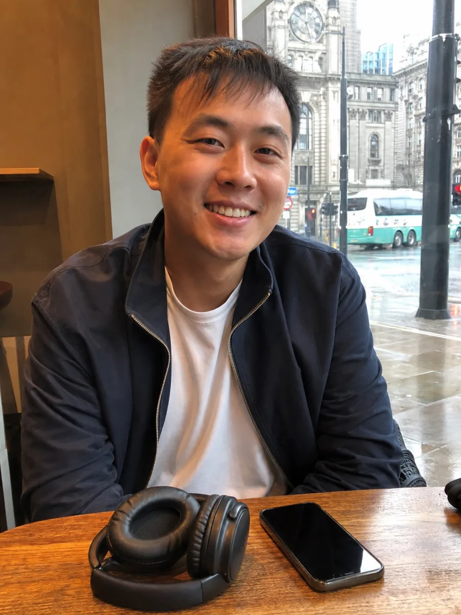 Illustrative learner sitting at a cafe with study headphones