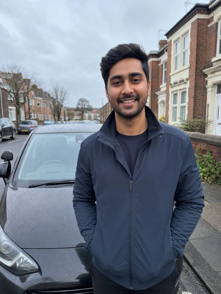 Illustrative learner standing outside beside a parked car