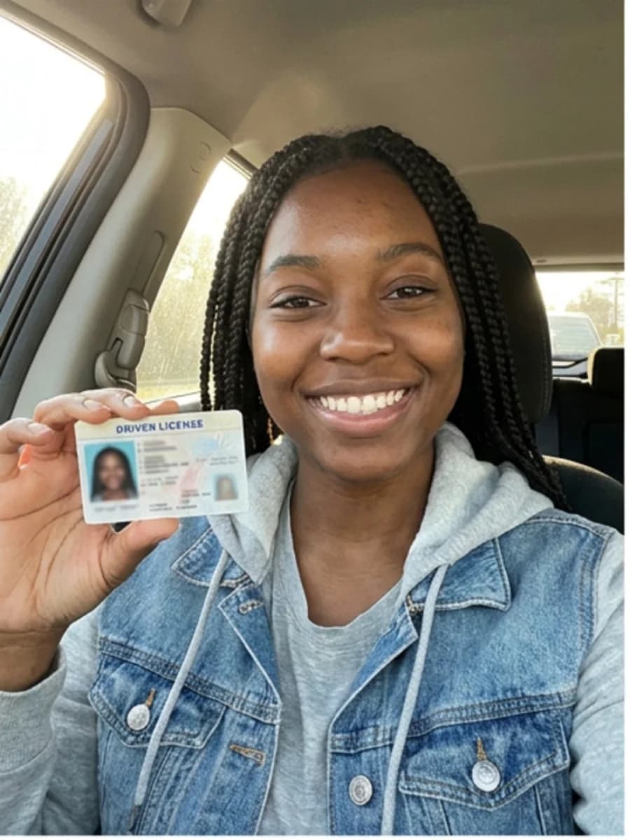 Illustrative learner holding a permit card in a parked car