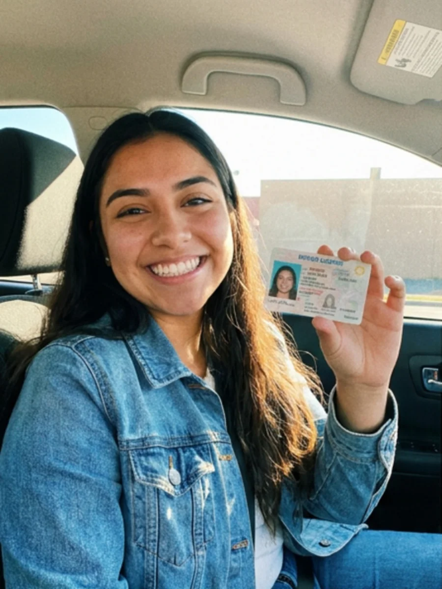 Illustrative learner holding a permit card in a parked car