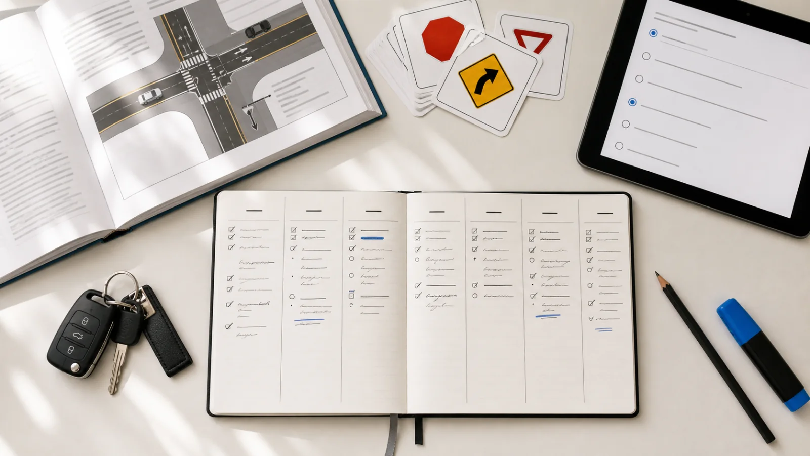 Seven-day permit-test study plan: handbook and baseline, signs, right-of-way, safe driving, weak-topic review, timed mock tests, and test-day preparation
